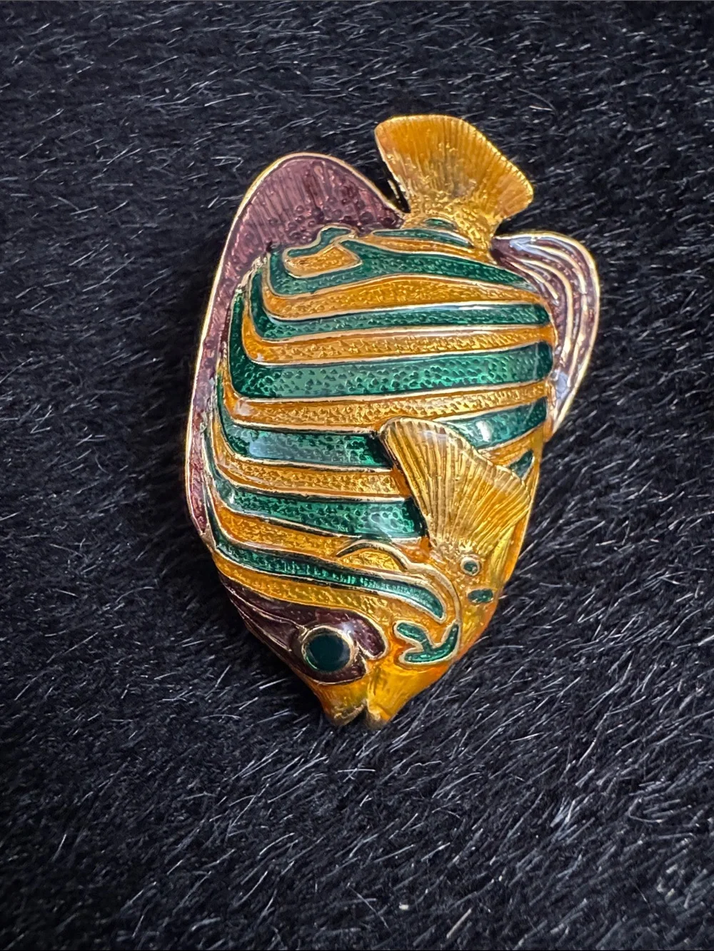 Green and Gold Striped Fish Pin - Decorative Enamel Brooch